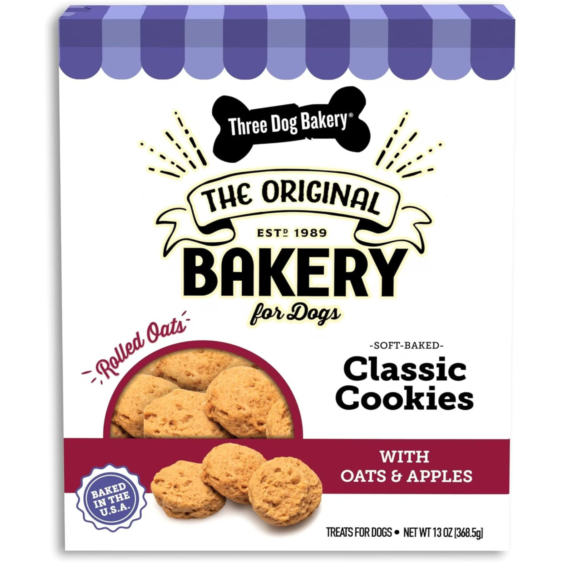 Three Dog Bakery Classic Cookies Apples & Oats Soft-Baked Dog Treats, 13-oz box | Chewy