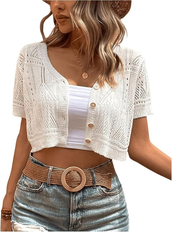 Verdusa Women's Crop Cardigan Short Sleeve Button Down Hollow Out Crochet Sweater Knitwear | Amazon (US)