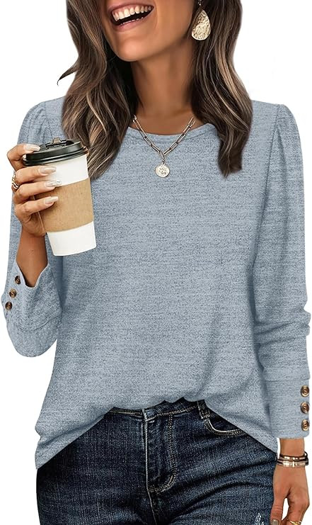 WIHOLL Long Sleeve Shirts for Women Buttons Cuff Tunic Tops Casual Fall Lightweight Sweaters Fash... | Amazon (US)