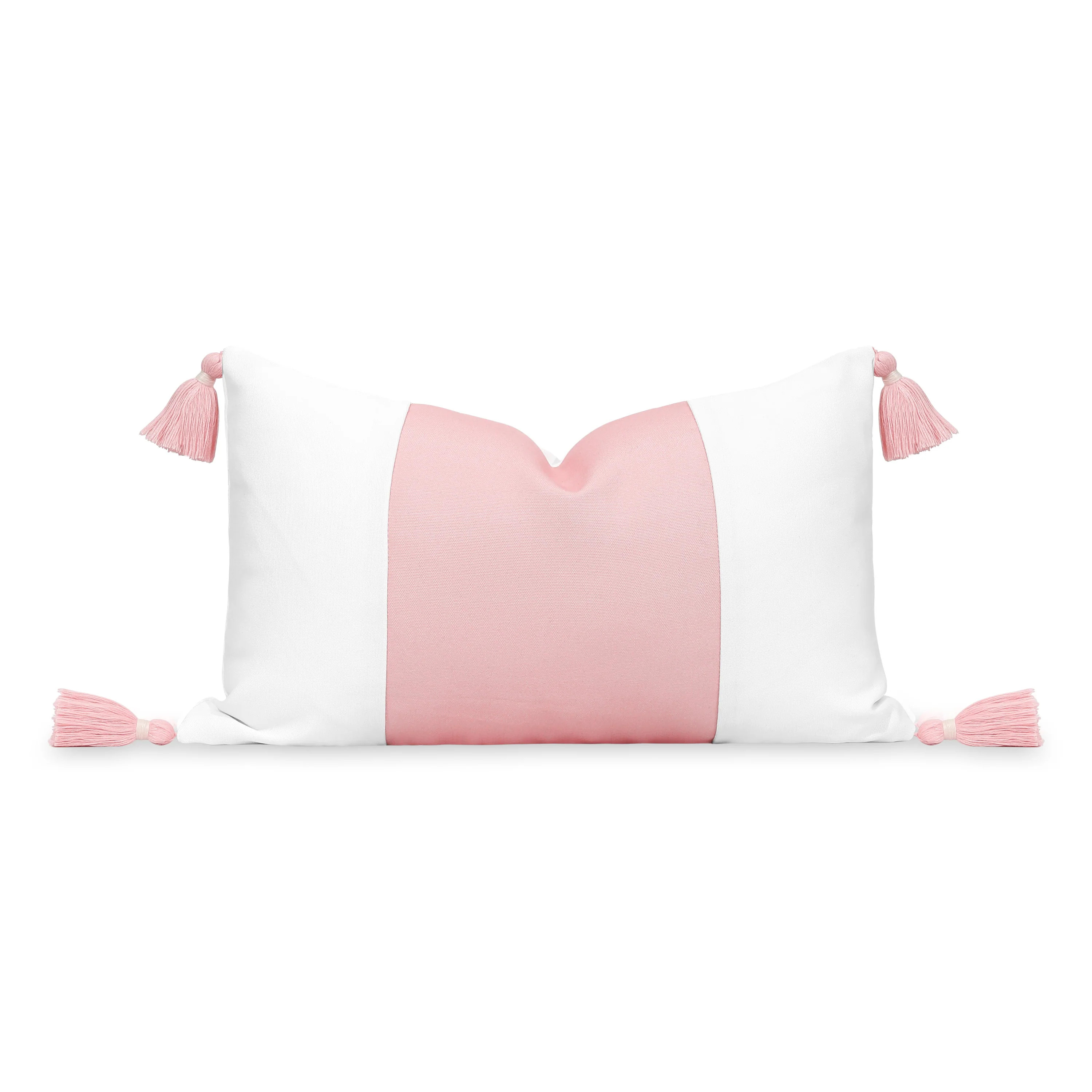 Coastal Indoor Outdoor Lumbar Pillow Cover, Color Block with Tassels, Blush Pink, 12 | Hofdeco