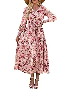 ANRABESS Women's Long Sleeve Floral Maxi Dress Casual V Neck Chiffon Boho Flowy Beach Fall Weddin... | Amazon (US)