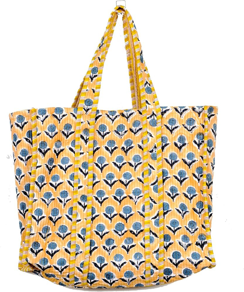 Quilted Cotton Handprinted Reversible Large multicolor Floral Tote Bag | Amazon (US)