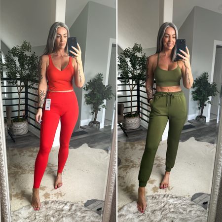 Yunoga activewear! Life the green joggers and bra! I’m wearing size M in both. In the orange/red set I’m not a fan of the leggings, they are a little see thru and material shows all the lumps and bumps. Bra tank is great I got a size M and I just need to size up to a Large.

#LTKover40 #LTKfitness #LTKstyletip