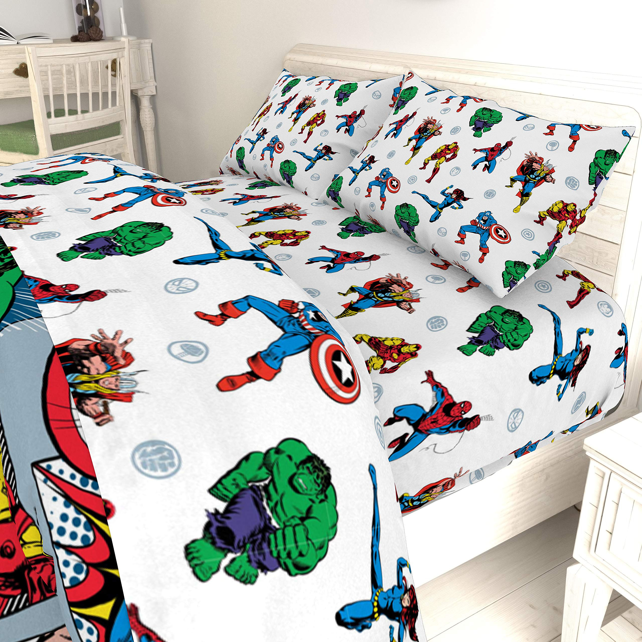 Jay Franco Kids Sheet Set with Fitted, Flat Sheets & Pillow Cover - Ultra-Soft Bedding with Pillowcase for Room Decor, White - Avengers, 4 Piece Full | Amazon (US)