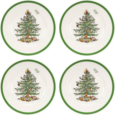 Spode Christmas Tree 8" Salad Plate Set of 4- Stoneware Plate with Christmas Tree Design, Green Bordered Edges, Microwave, Dishwasher & Oven Safe | Target