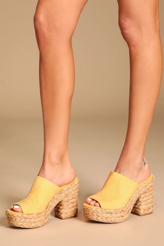 Ervyn Marigold Suede Raffia Platform Slide Sandals | Lulus (US)