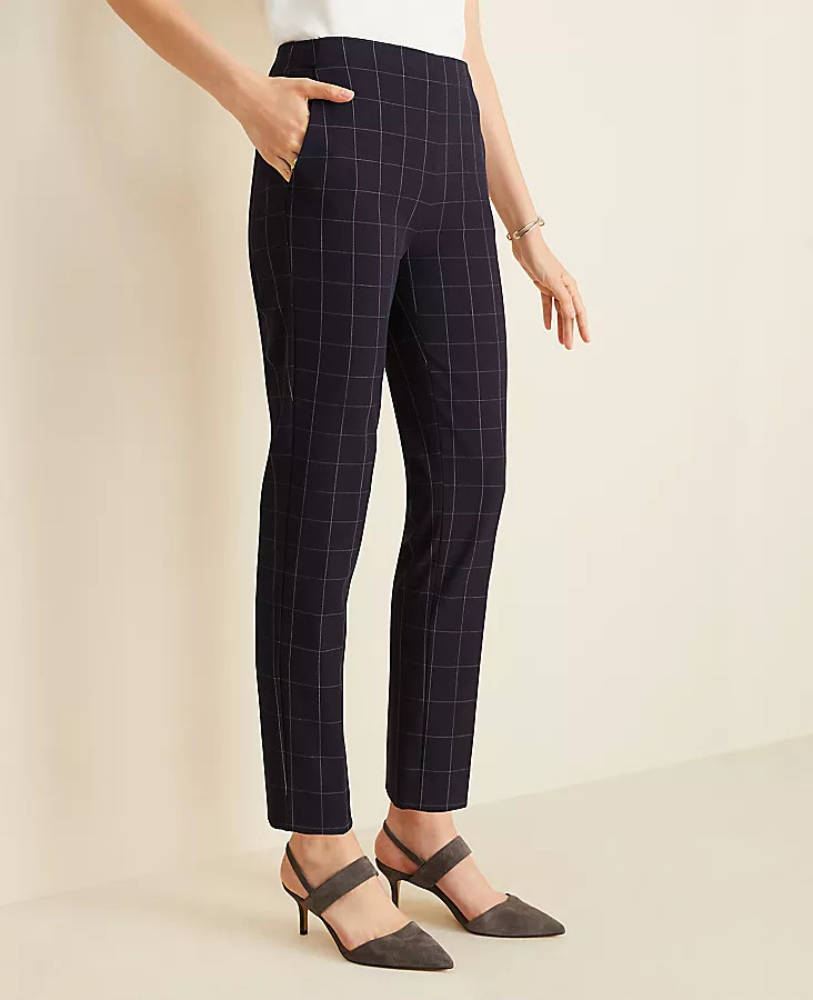 > The Side Zip Ankle Pant in Navy Windowpane Bi-Stretch | Ann Taylor (US)