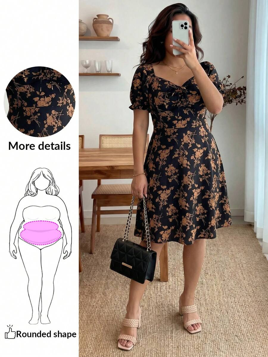Enliva Jennifer_samantha_style Plus Size Women Sweetheart Neck Ditsy Floral Short Sleeve Knee Len... | SHEIN