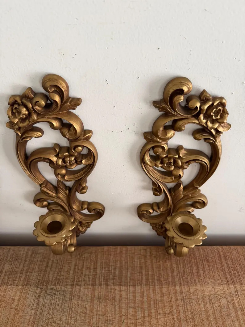 Vintage Gold Ornate Homco wall sconces set of 2 | Etsy (US)