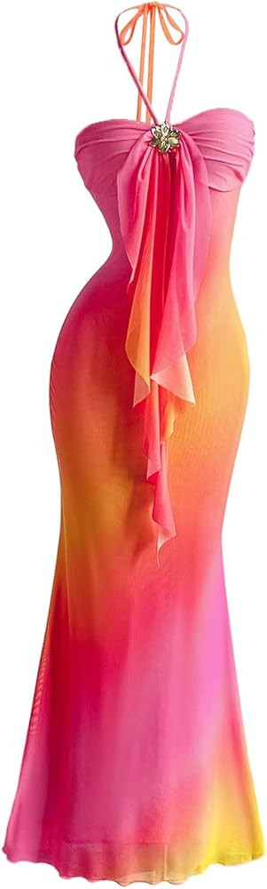 GORGLITTER Summer Dresses for Women UK 2026 Mesh Ombre Fishtail Maxi Dress Ruffle Trim 3D Floral ... | Amazon (UK)