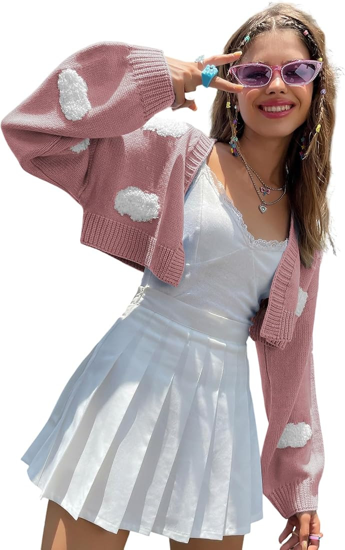 Womens Cloud Cardigan Sweaters Long Sleeve Open Front Y2K Cropped Knit Cardigan 90s Aesthetic Shrug  | Amazon (US)