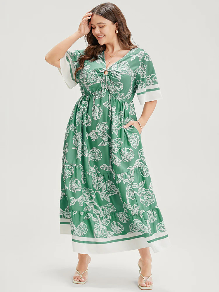 Floral Print V Neck Pocket Buckle Detail Ruffle Tiered Dress | Bloomchic