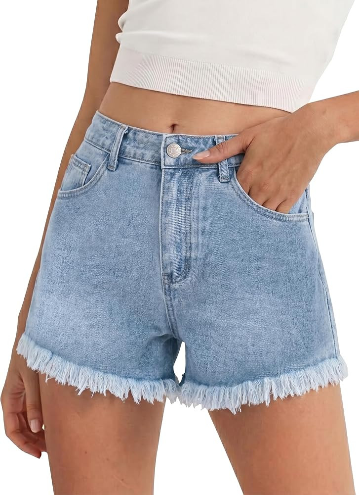 Tankaneo Jean Shorts for Women Summer Elastic High Waisted Raw Hem Denim Shorts Casual Stretchy H... | Amazon (US)