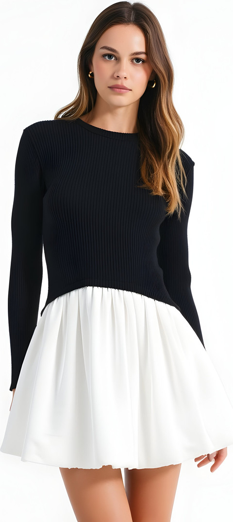 Knit and Woven Fit-and-Flare Mini Dress with Ribbed Long Sleeve Top | Nordstrom
