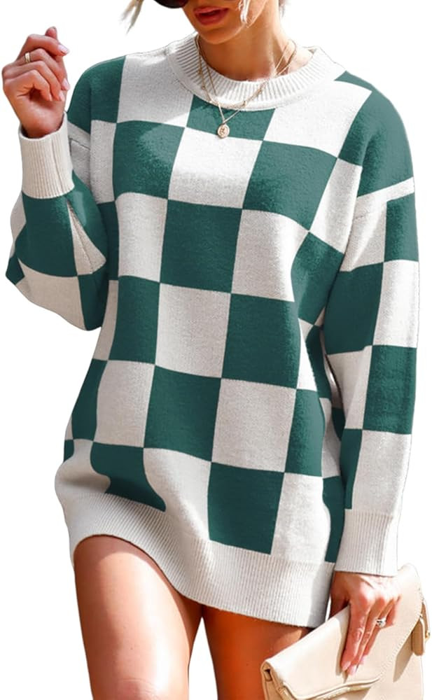 Dokotoo Womens Sweater Dress Crewneck Casual Checkered Long Sleeve Cable Knit Pullover Sweaters | Amazon (US)