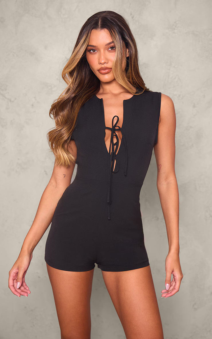 Black Woven Tie Front Tailored Romper | PrettyLittleThing US