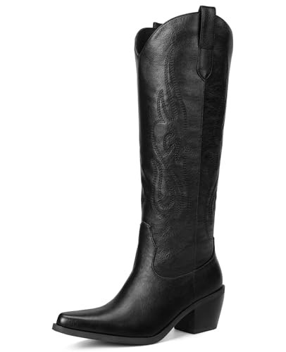 Pasuot Western Cowboy Boots for Women - Knee High Wide Calf Cowgirl Boots, Slip On Pointed Toe Chunky Heel Fashion Retro Classic Pull On Tall Boot for ladies Party concert Black US 7.5 | Amazon (US)