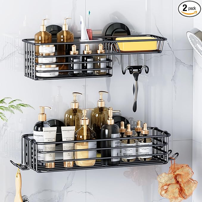 LEVERLOC Shower Caddy Suction Cup, 2 Pack suction shower shelf with Hooks & Soap holder, NO-Drill... | Amazon (US)