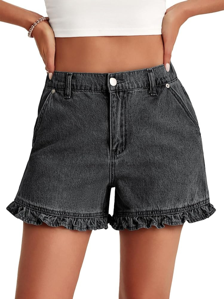 Aoysky Womens Summer Ruffle Denim Shorts Cute High Waisted Cotton Short Jeans with Pockets | Amazon (US)