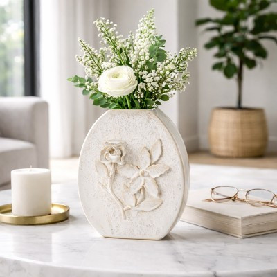Handcrafted Oval Ceramic Table Vase for Home Decor - Floral Embossed Modern Tall Vase for Plants and Flower Displays - White | Target