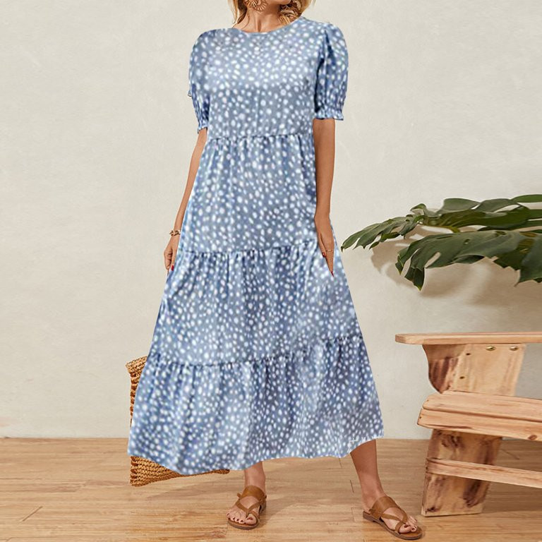 DkinJom Women's Casual Short Sleeve Dress – Solid Print, Round Neck, Pleated with Large Hem | Walmart (US)