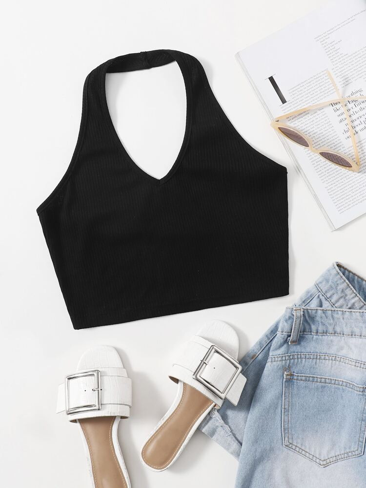 Rib-Knit Crop Halter Top | SHEIN