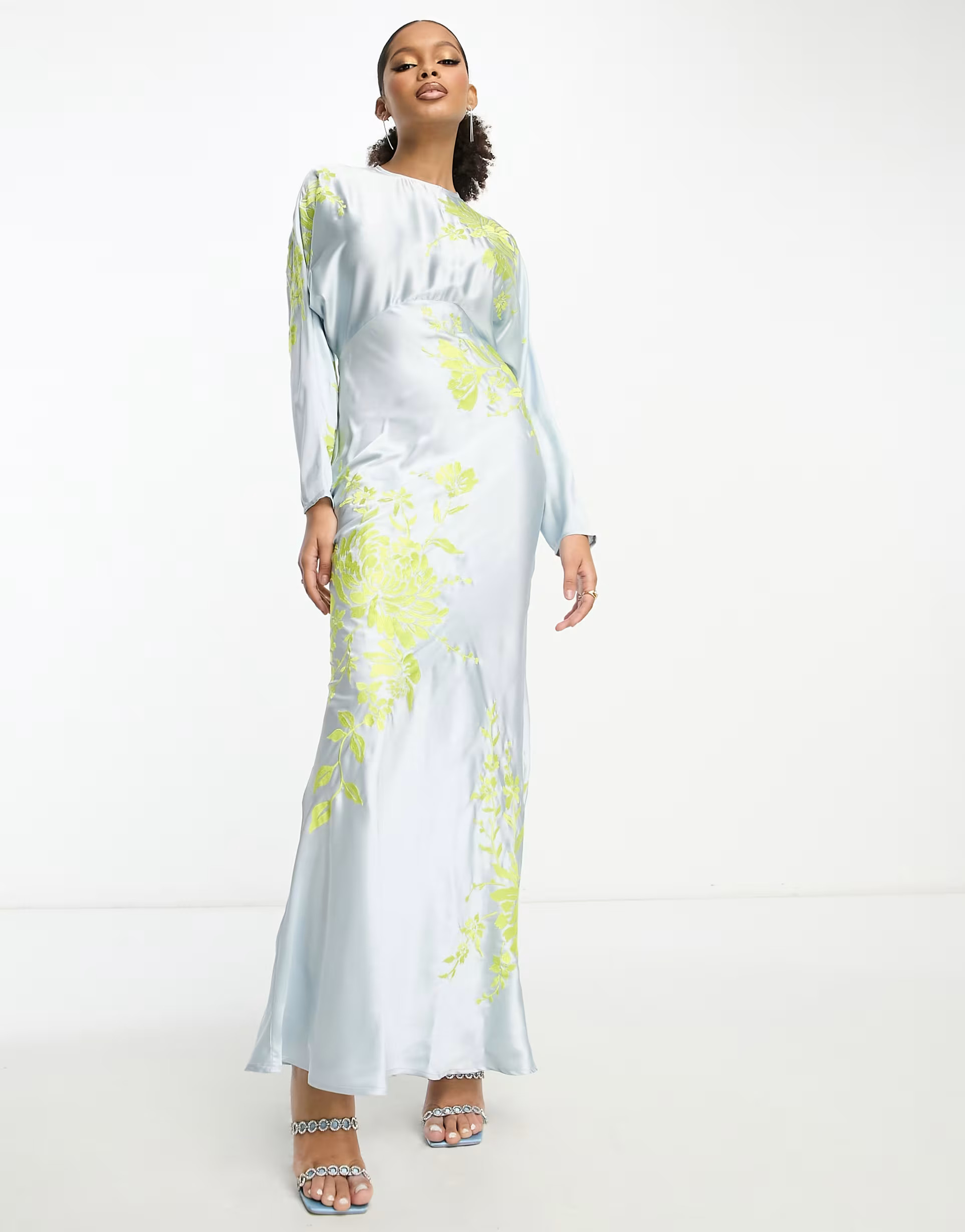 ASOS DESIGN satin embroidered batwing bias cut maxi dress in pale blue | ASOS (Global)
