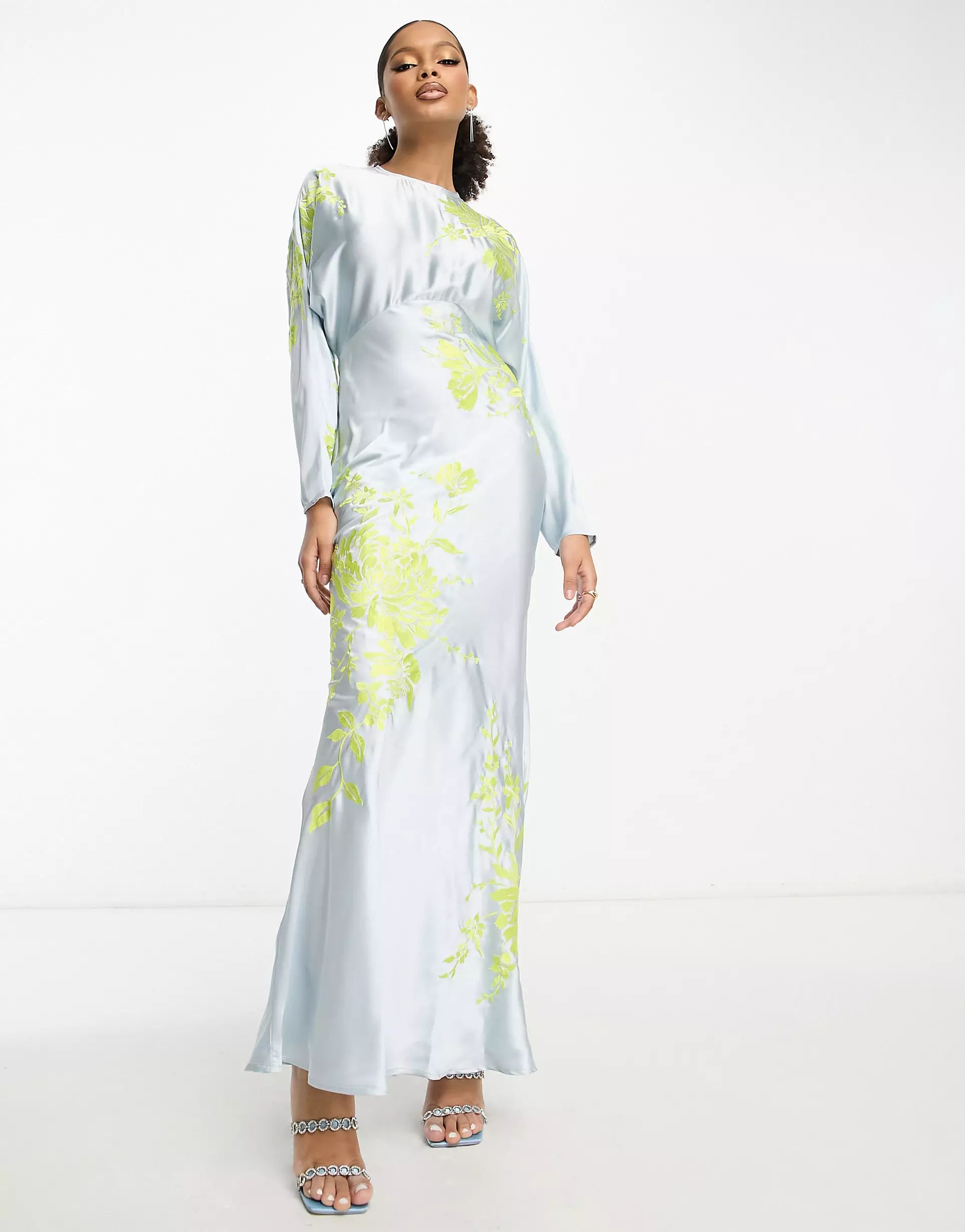 ASOS DESIGN satin embroidered batwing bias cut maxi dress in pale blue | ASOS (Global)
