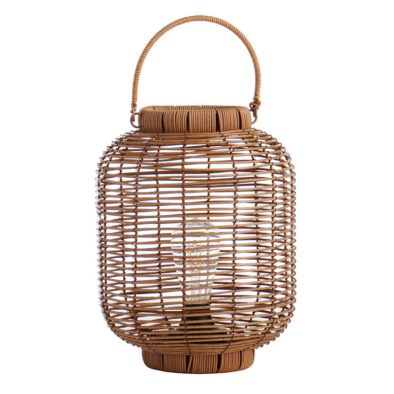 Natural Brown Faux Wicker Barrel Outdoor Lantern with LED Bulb, Medium | At Home