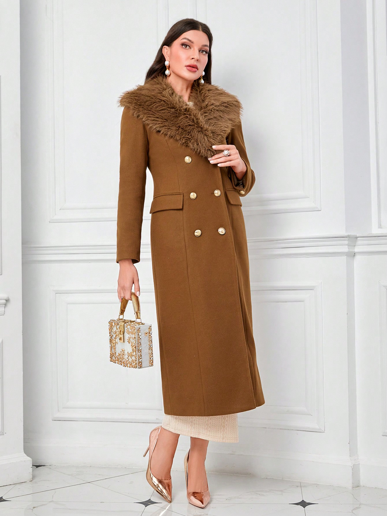SHEIN Modely Borg Collar Double Breasted Overcoat | SHEIN