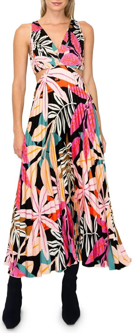 Leaf Print Pleated Cutout Maxi Dress | Nordstrom