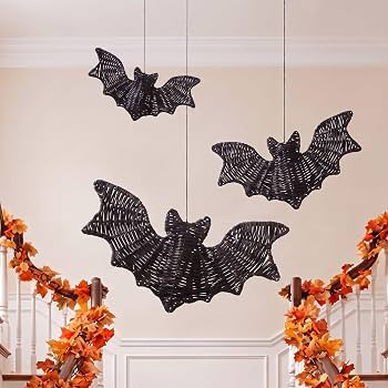 Thyle 3 Pcs Halloween Rattan Bats Decor, Black Wicker Hanging Bats for Wall | Amazon (US)