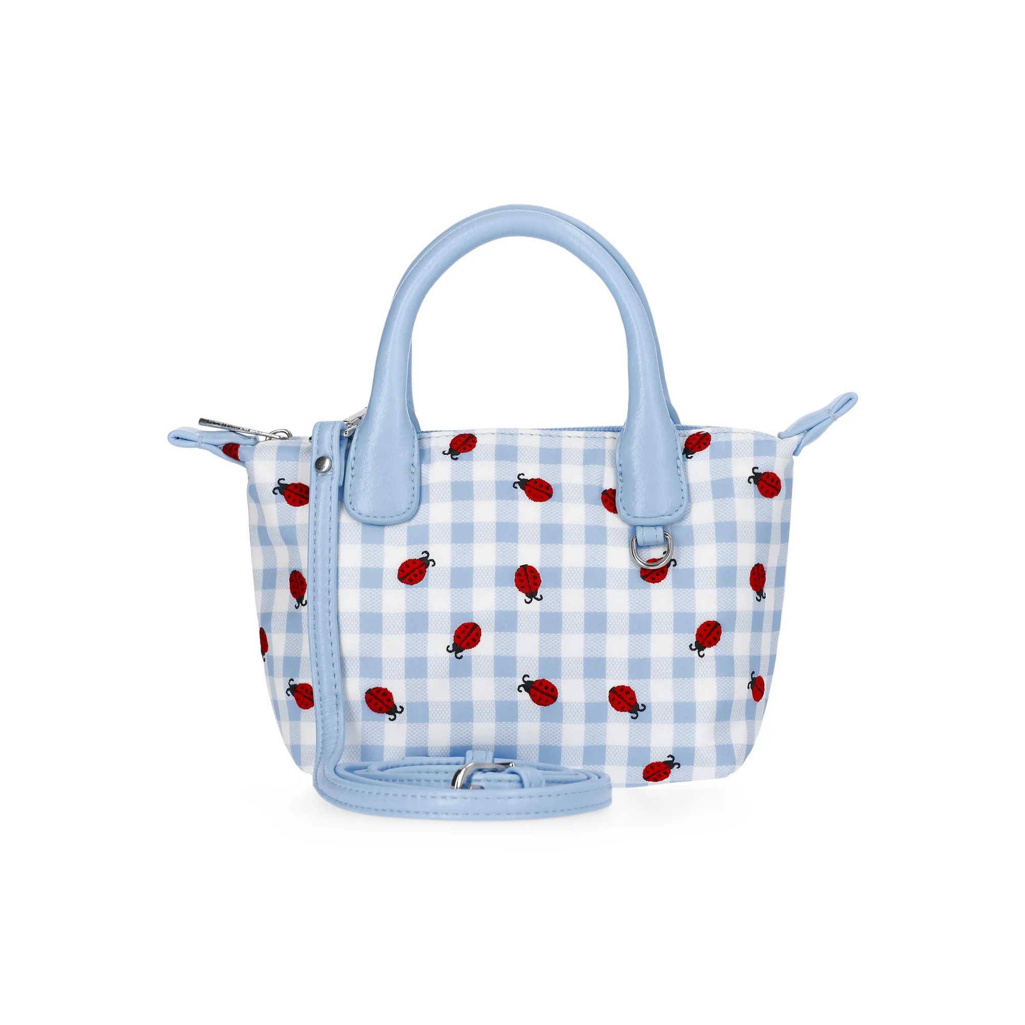 No Boundaries Women's Mini Tote Crossbody Bag, Sky Gingham with Ladybug Embroidery | Walmart (US)