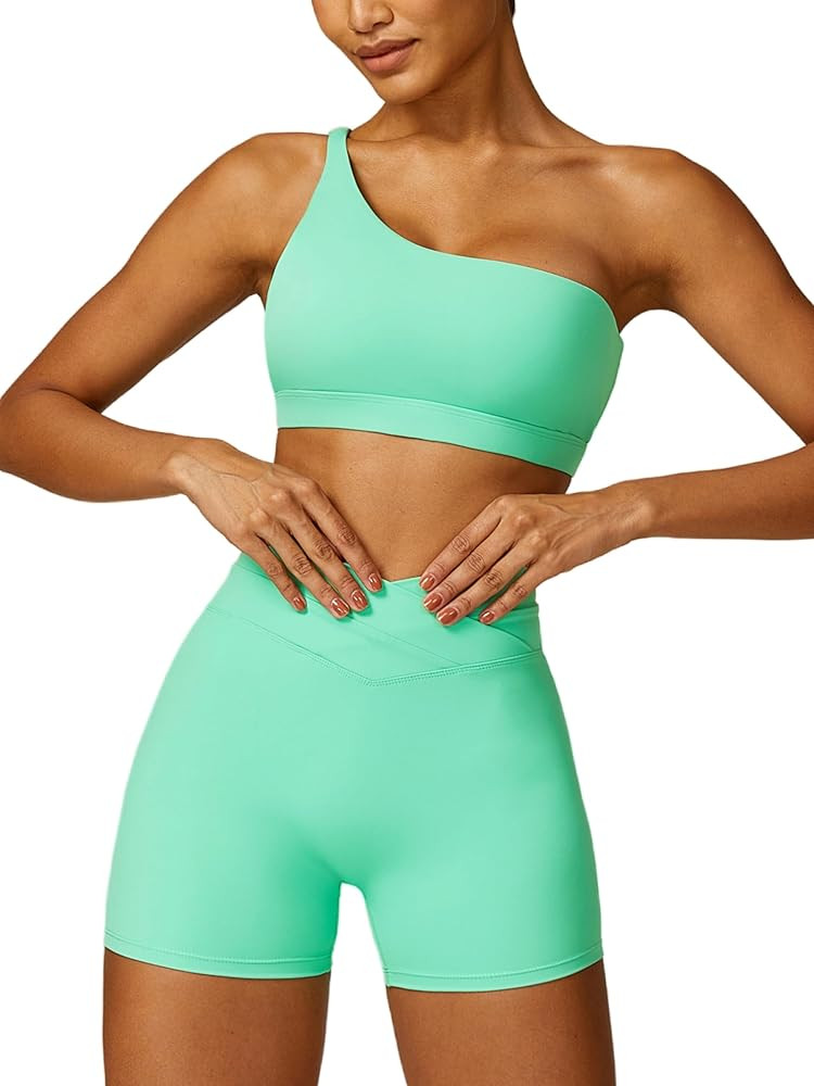 ABOCIW Workout Sets for Women Crossover High Waist Biker Shorts One Shoulder Sports Bra 2 Piece G... | Amazon (US)