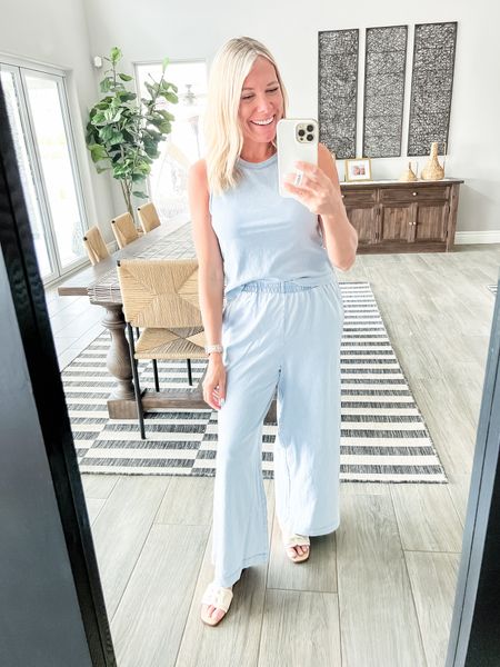 Love this baby blue wide leg matching pants and tank top set. In the size small in both pieces. Sandals run true to size. Social threads spring outfit ideas

#LTKSeasonal #LTKover40 #LTKstyletip