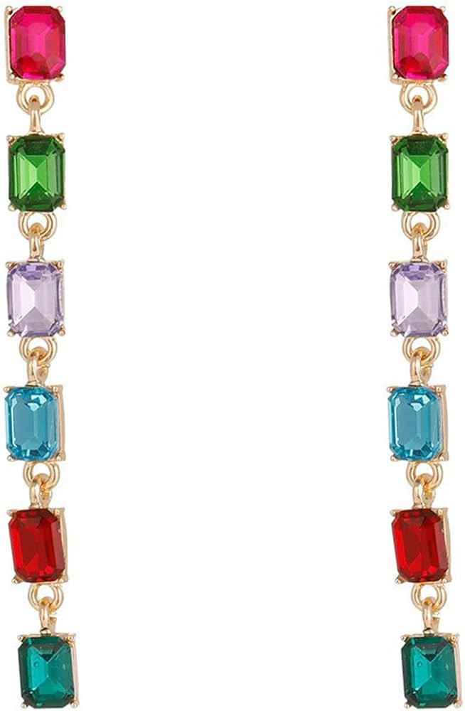 Amazon.com: Colorful Crystal Dangle Drop Earrings for Women,Multicolor Long Square Rhinestone Cha... | Amazon (US)
