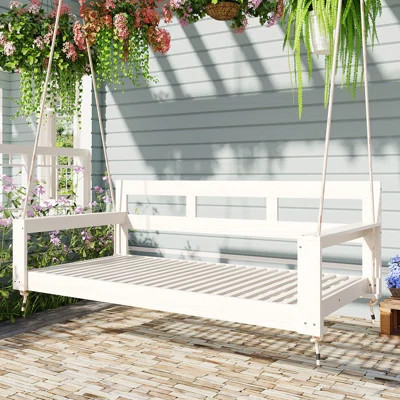 Garden Twin Size Swing Bed With Wood Frame, High Back, 2 Arms, Look, 4 118 - Inch Hanging Ropes, 350Lbs Support, White Outdoor Bench Chair In Size, Bu | Wayfair North America