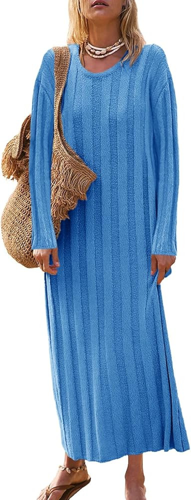 Saodimallsu Womens Crewneck Sweater Dress Long Sleeve Ribbed Knit Midi Fall Pullover Sweater Dres... | Amazon (US)
