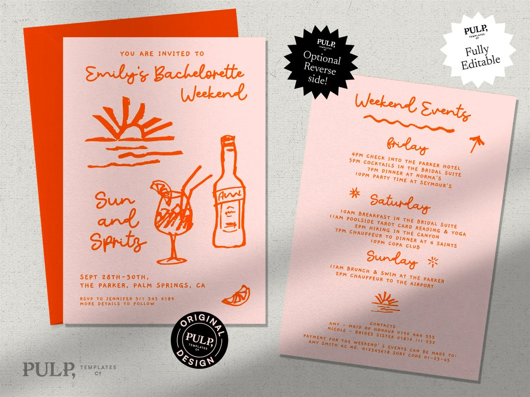 BACHELORETTE PARTY INVITATION Template Weekend Itinerary Hens Tropical, Beach Illustration Handwr... | Etsy (US)
