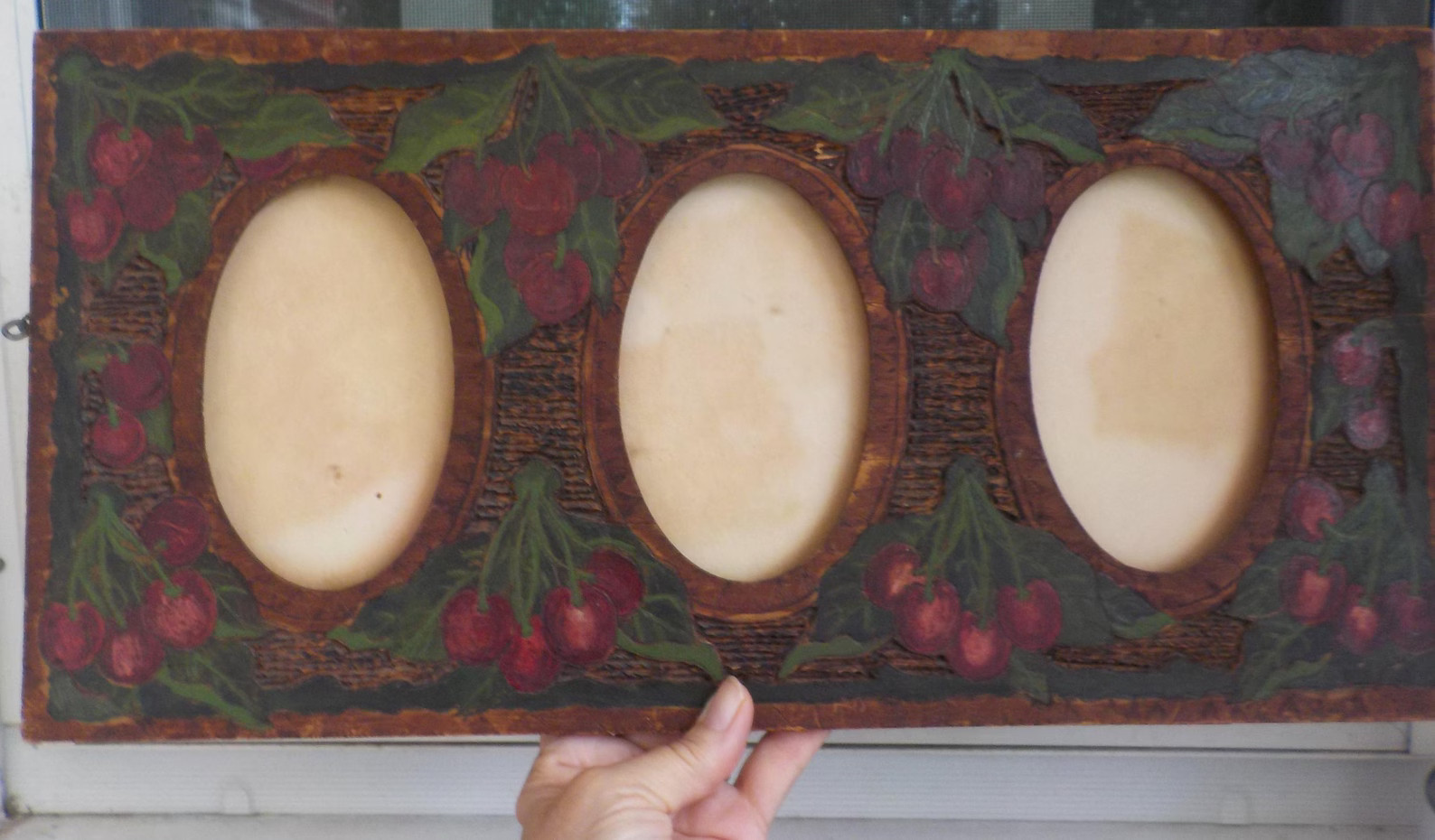 Antique Flemish Art PYROGRAPHY ,hand-painted Red CHERRIES on Surround , Triple Oval Sight, Folk A... | Etsy (Global)