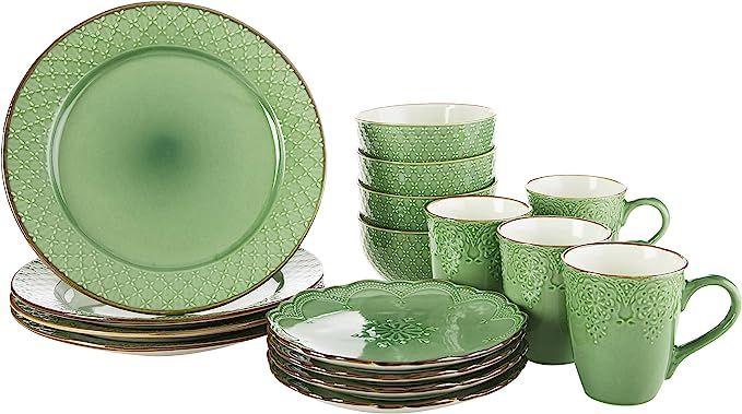 Pfaltzgraff French Lace Dinnerware Set, 16 Piece, Green | Amazon (US)