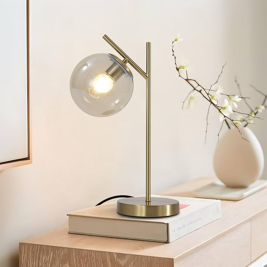 Mid Century Modern Table Lamp, Gold Globe Nightstand Lamp with Cognacs Glass Shade, Metal Brass D... | Amazon (US)
