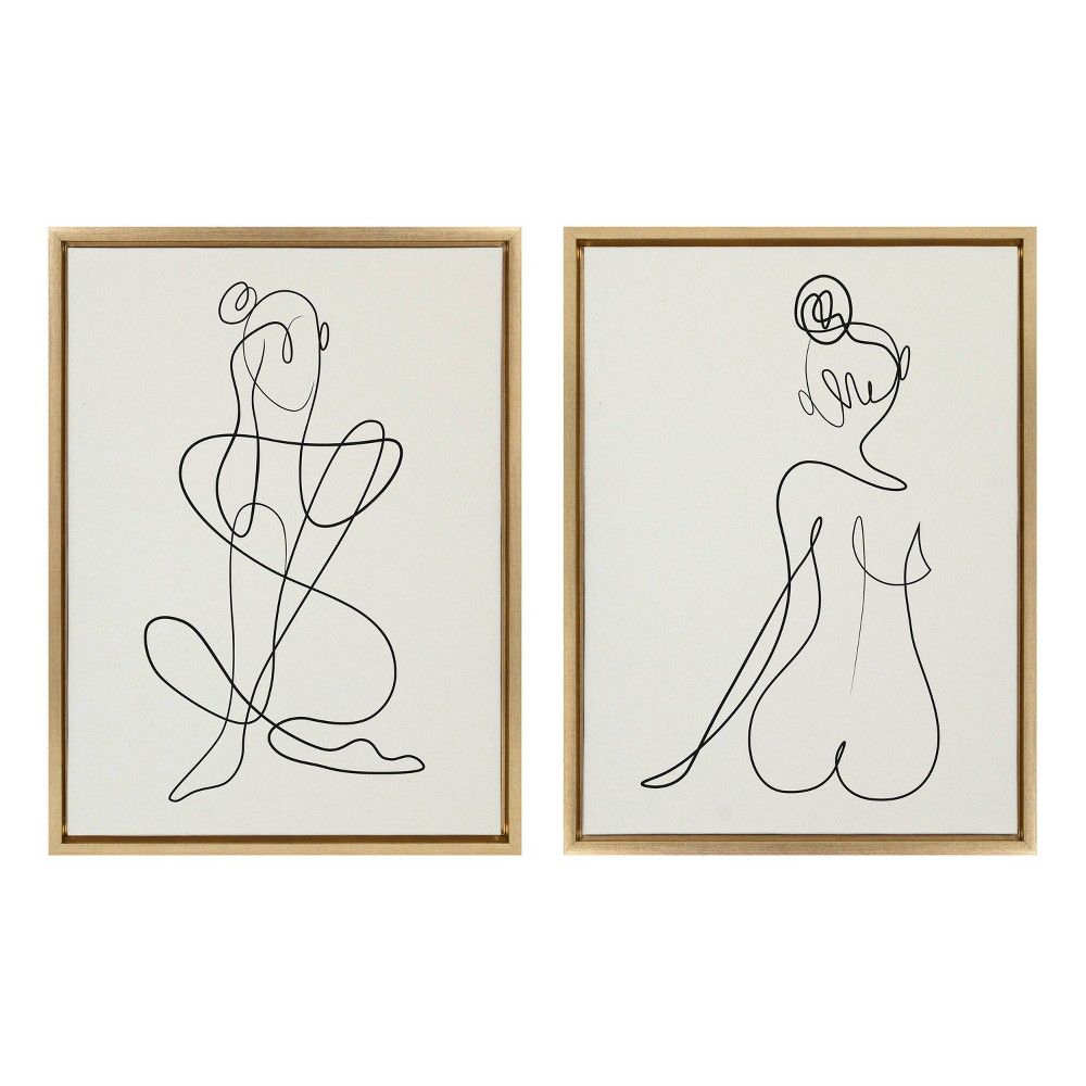 (Set of 2) 18"" x 24"" Sylvie Thinking of You Line Art and Sitting Beauty Framed Canvas Set Gold - K | Target