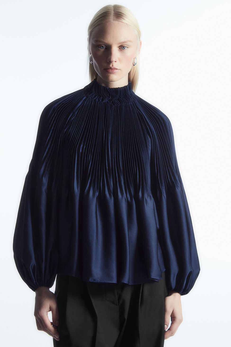 OVERSIZED PLEATED HIGH-NECK BLOUSE - NAVY - Blouses - COS | COS (US)