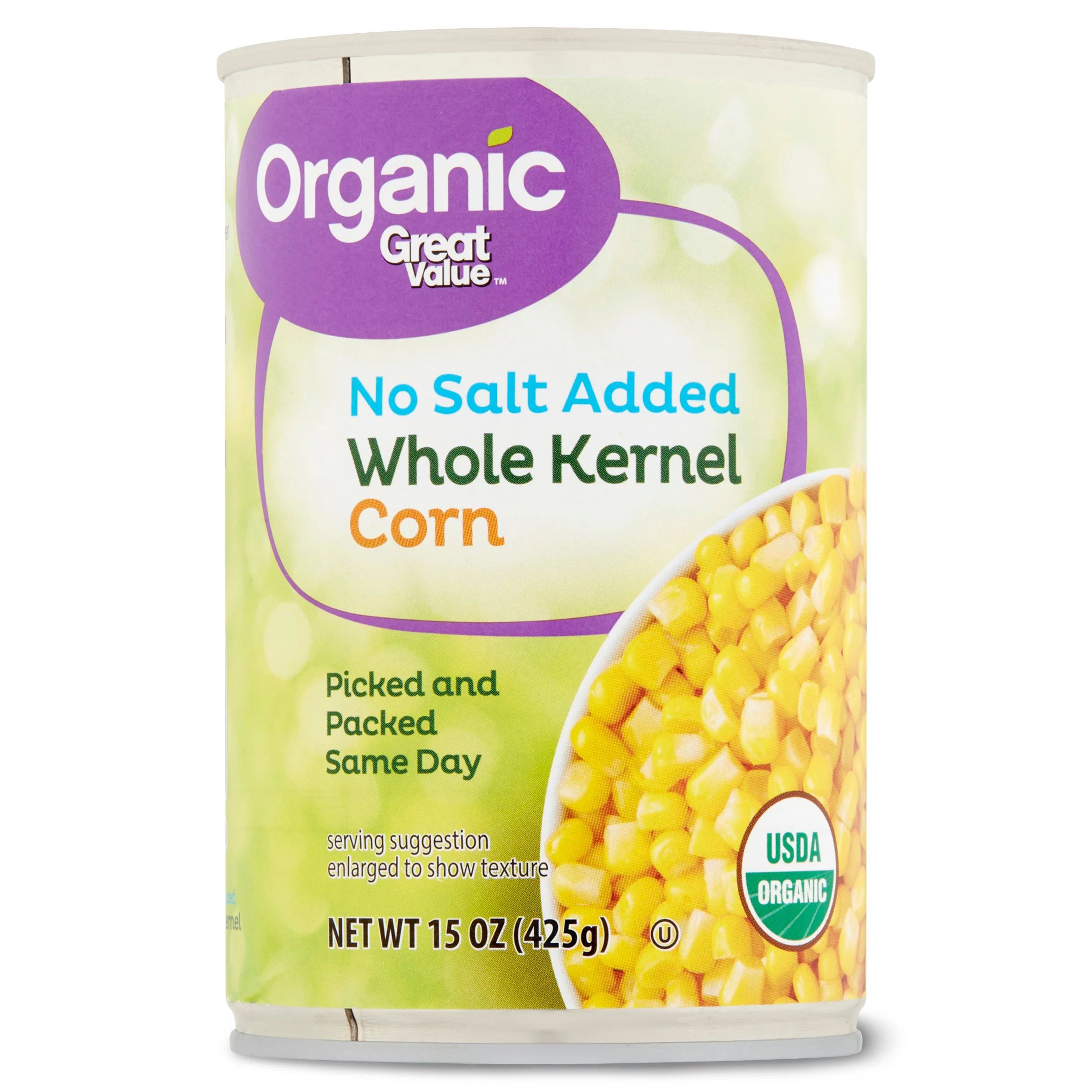 Great Value Organic Whole Kernel Corn, No Salt Added, 15 oz | Walmart (US)