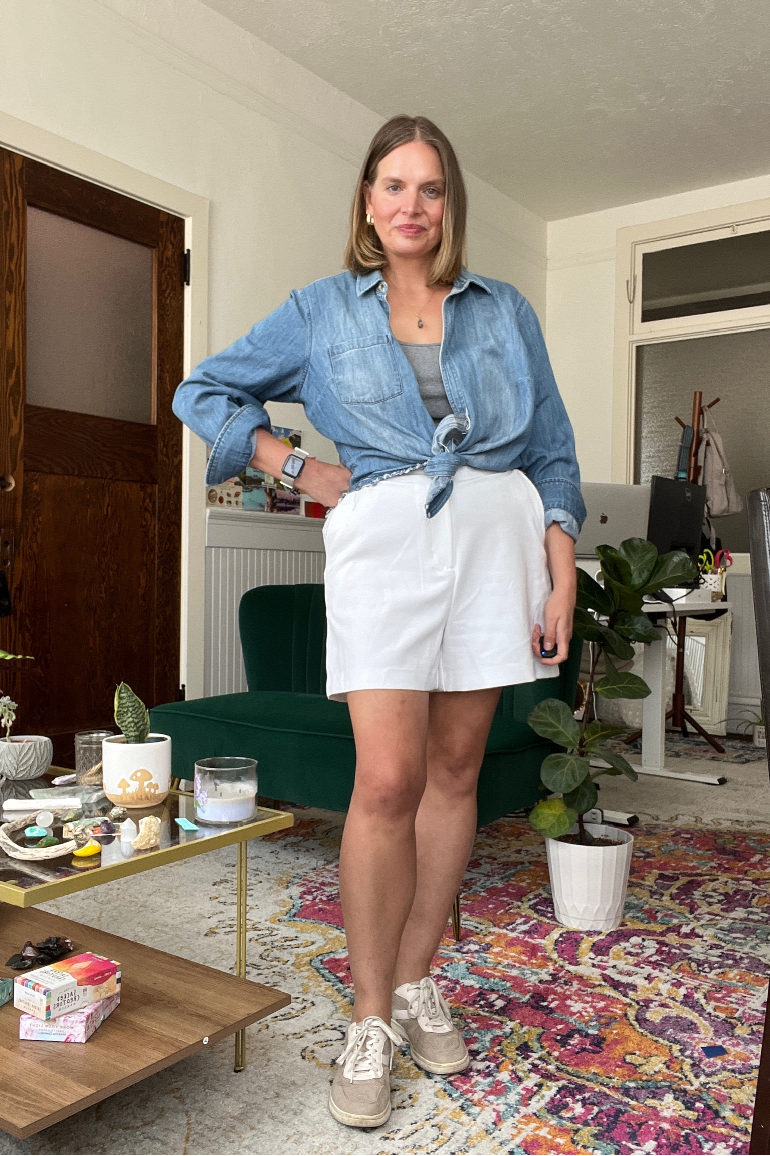 Summer outfit code: gray tank, chambray top, white, trouser shorts, and sneakers  

#LTKstyletip #LTKmidsize #LTKSeasonal