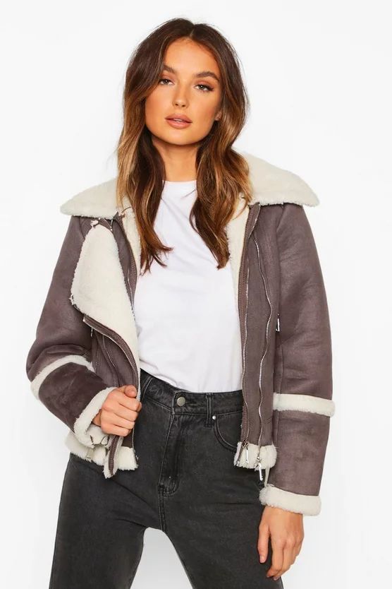 Suedette Aviator With Teddy Faux Fur Lining | Boohoo.com (US & CA)