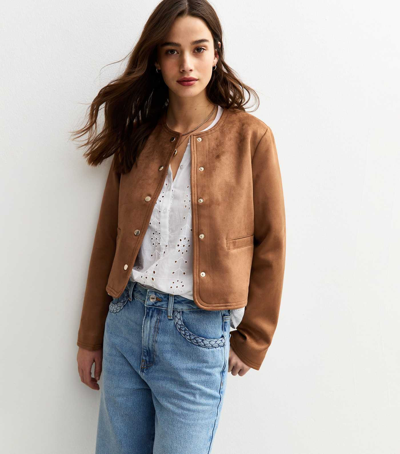 Tan Faux Suede Collarless Jacket | New Look | New Look (UK)