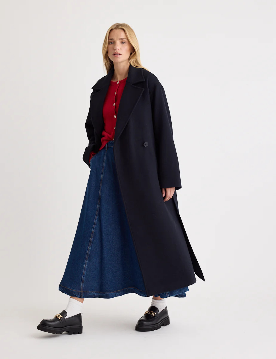 Oversized Navy Belted Wool Blend Coat | Nobody's Child