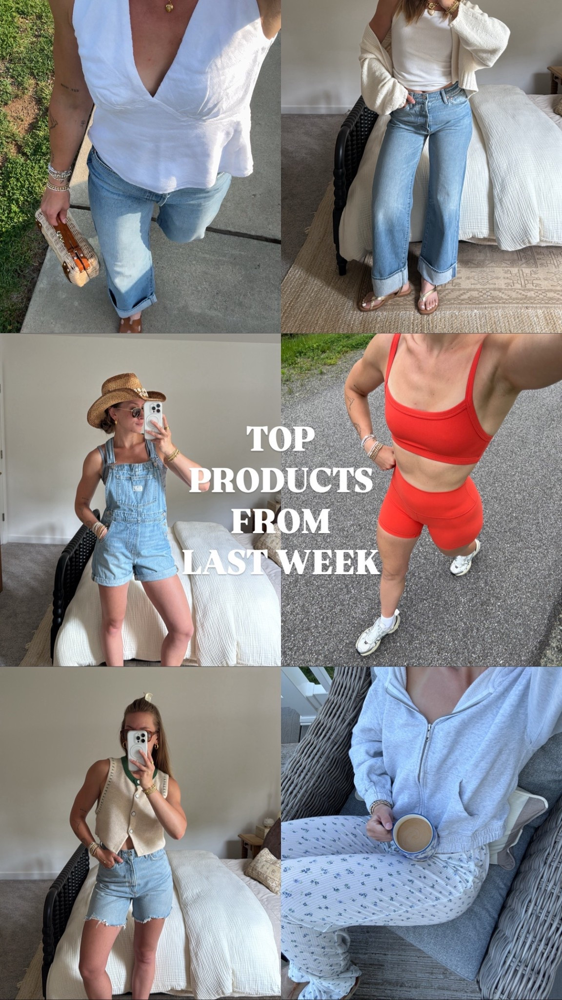 6/16/25 top products from last week 🫶🏼 best sellers, weekly roundup, abercrombie top, mother cuffed jeans, levis shortalls, aritzia workout set, agolde jean shorts, aerie pajama pants, top rated outfits, summer style staples, comfy lounge pieces, trending fashion finds, most loved items


